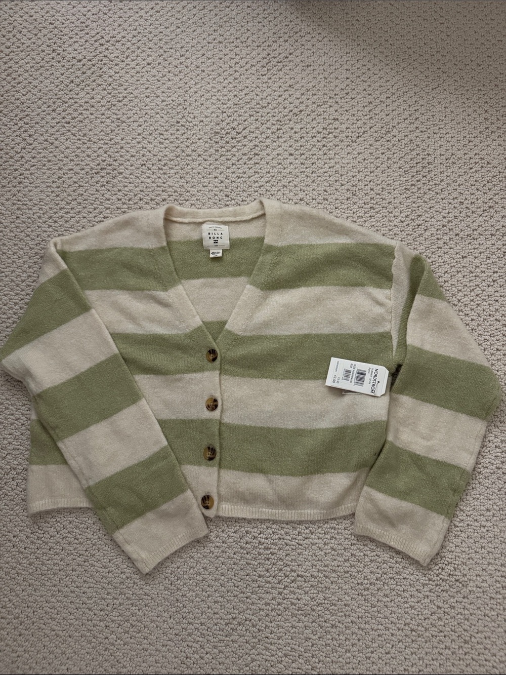 Billabong Green & Cream Striped V-Neck Button Cardigan